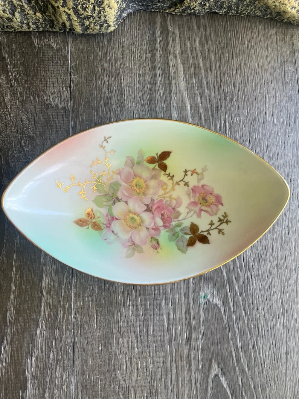 Schumann Arzberg porcelain Dish Pink & Green oval with gold trim